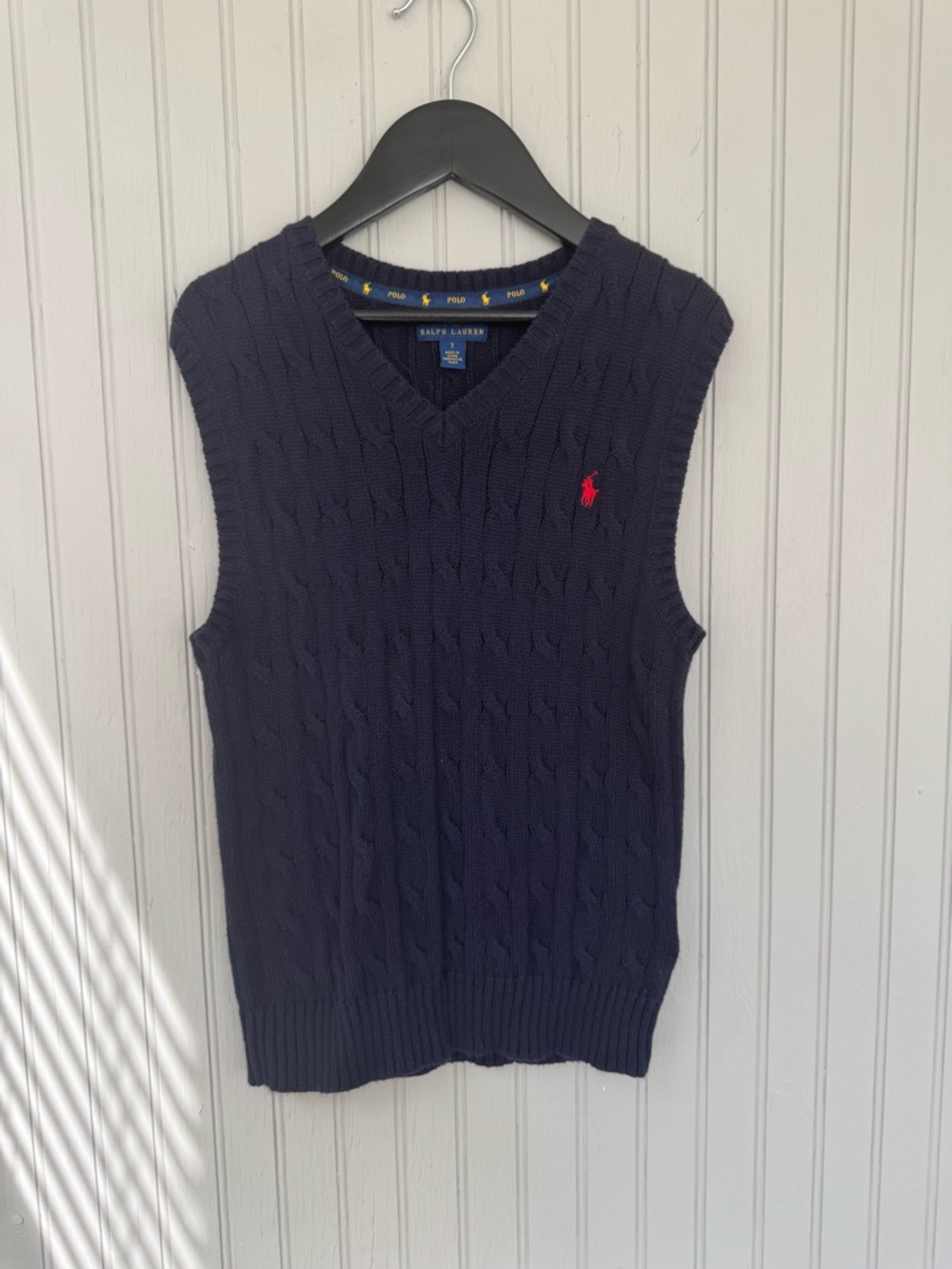 Ralph Lauren Navy Cable Knit V-Neck Sweater Vest with Red Pony Logo